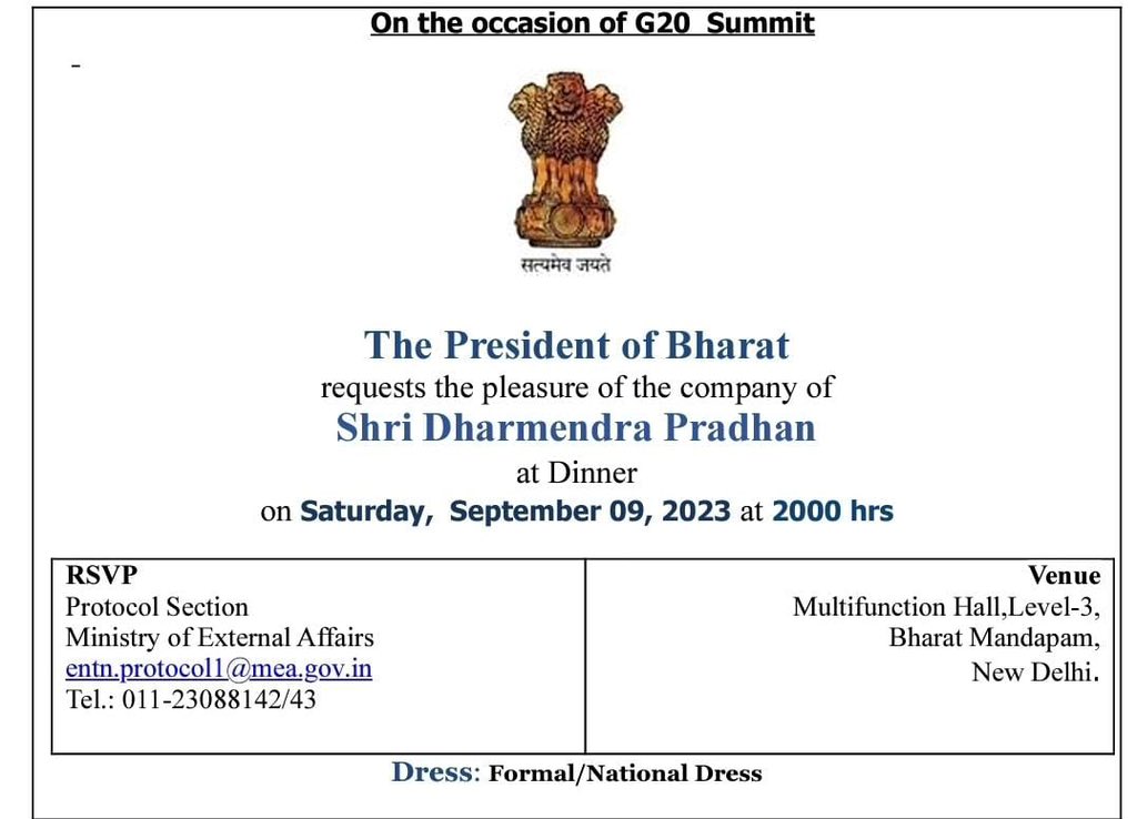 President Droupadi Murmu's invite to G20 foreign leaders and Chief Ministers for a dinner on September 9.